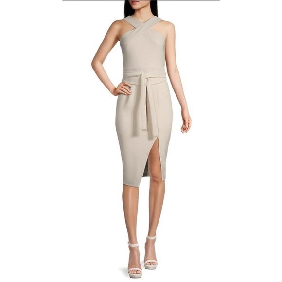 Lavish Alice Dresses & Skirts - NWT Lavish Alice BRIELLE CURVE OBI BELTED HALTERNECK MIDI DRESS IN SAND